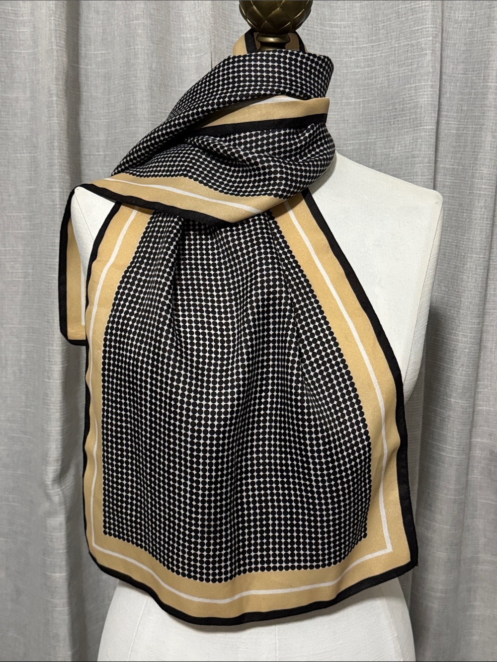 Gorgeous Vintage Scarf-Black/Beige/White-Retro Polka Dot Print-EUC